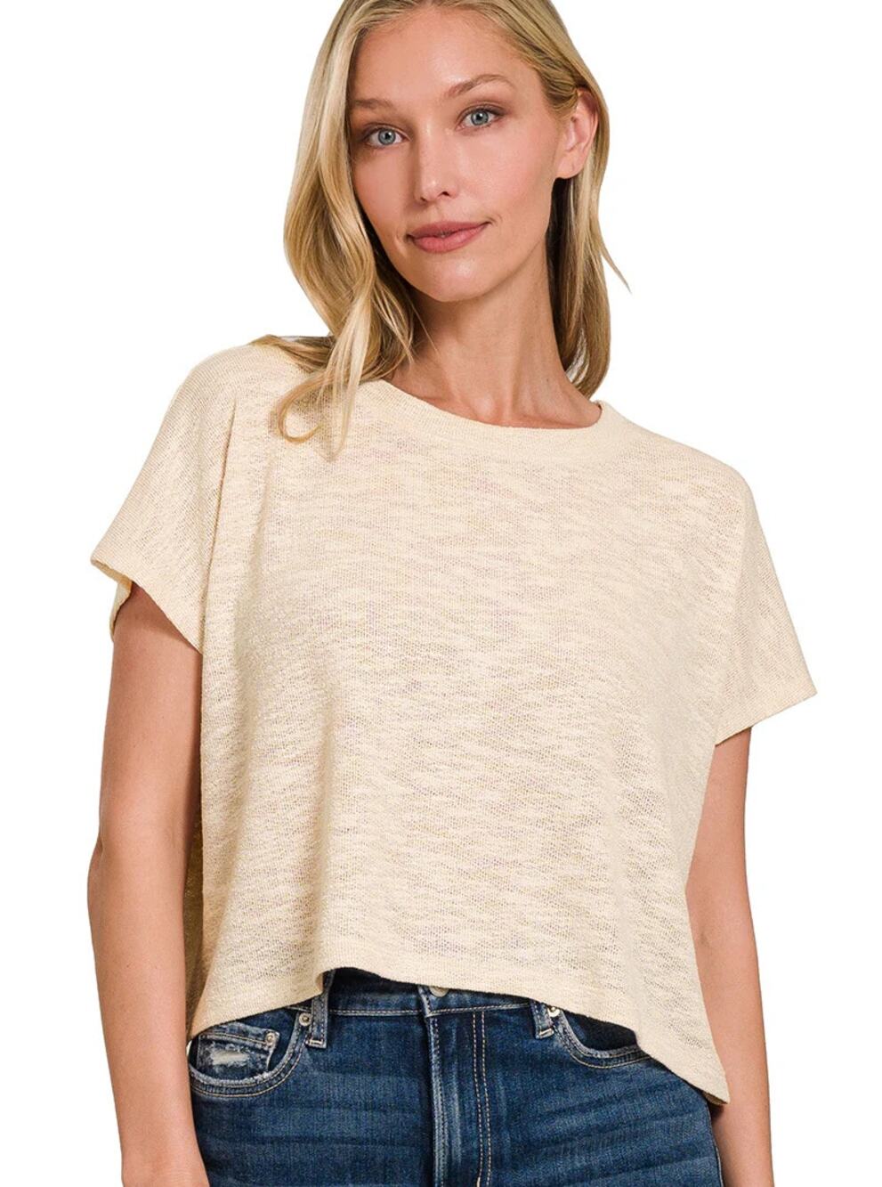 ZENANA WOMEN'S SHORT SLEEVE CROP TOP SAND BEIGE NWT